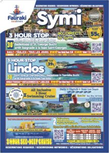 Advertisement for Faliraki boat tours to Symi and Lindos with 3-hour stops and all-inclusive cruise options available in yellow and blue graphics.